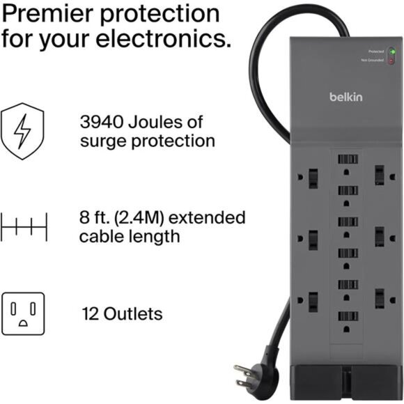 12-Outlet Surge Protector Power Strip w/ 12 AC Outlets & 8ft Flat Plug - Picture 2 of 7